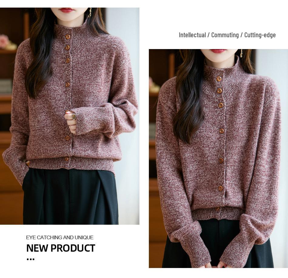 Women's Thickened Pure Wool Knit Cardigan - Autumn/Winter Half-High Collar, Versatile Lazy Style Sweater