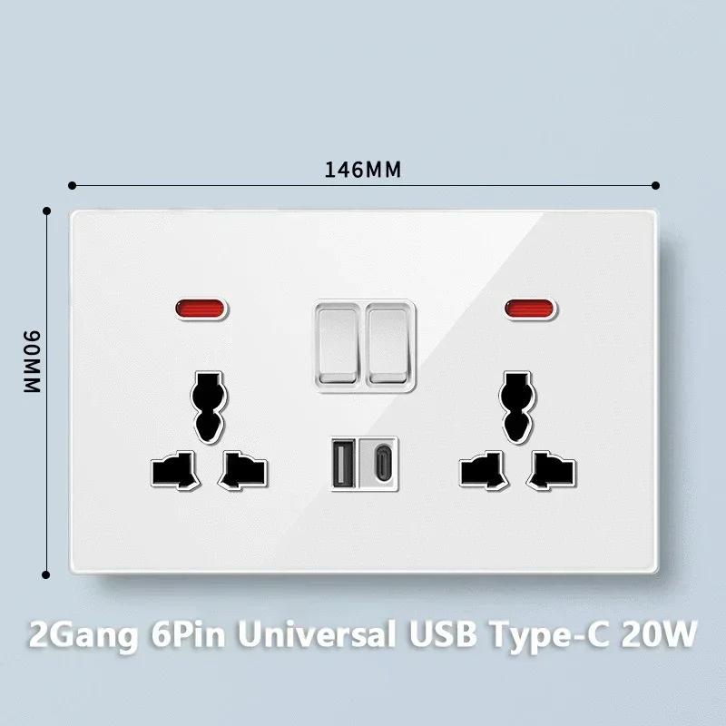 Universal Tempered Glass 20W Quick Charge USB Type-c Wall Dual 3pin Socket panel,UK 13A Wall 220V 2Way Light Switch Power Outlet