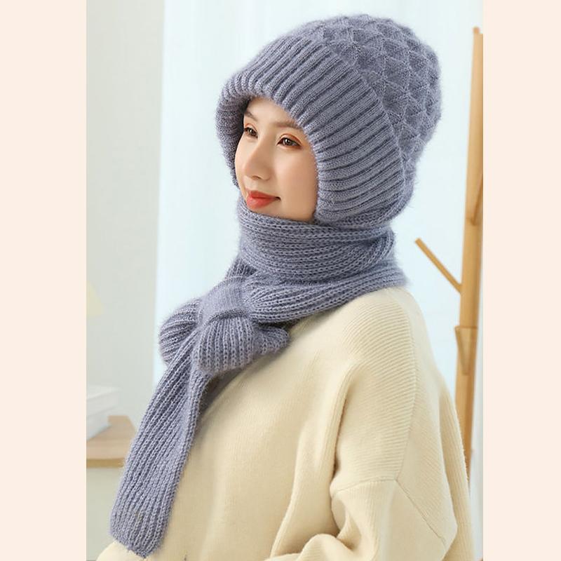 Women Casual Acrylic Knitted Hat Warm Scarf Sets Solid Fleece Inside Thickened Beanie Caps Skullies Windproof Skullcap