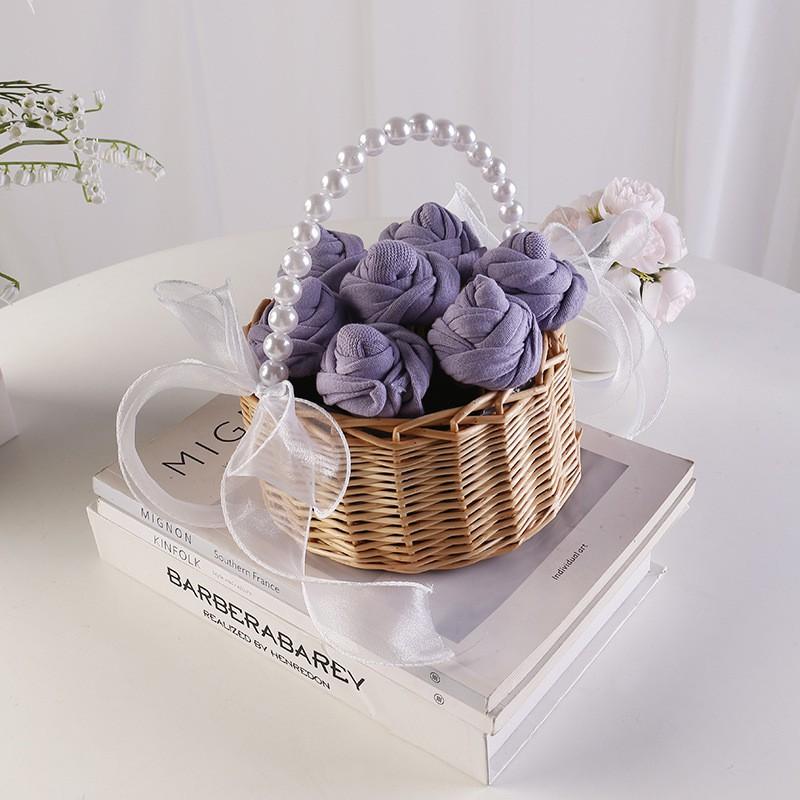 Handmade Sock Rose Vine Craft Gift Women Cotton Mid-Calf Casual Socks Anti-Slip Breathable Valentines Day Qixi Present