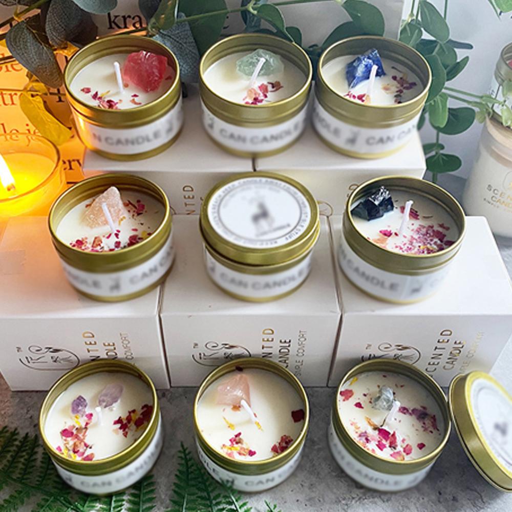 Soy Wax Candle In Metal Tin Dry Flower Crystal Stone Aromatherapy Candles for Bath Healing Spa