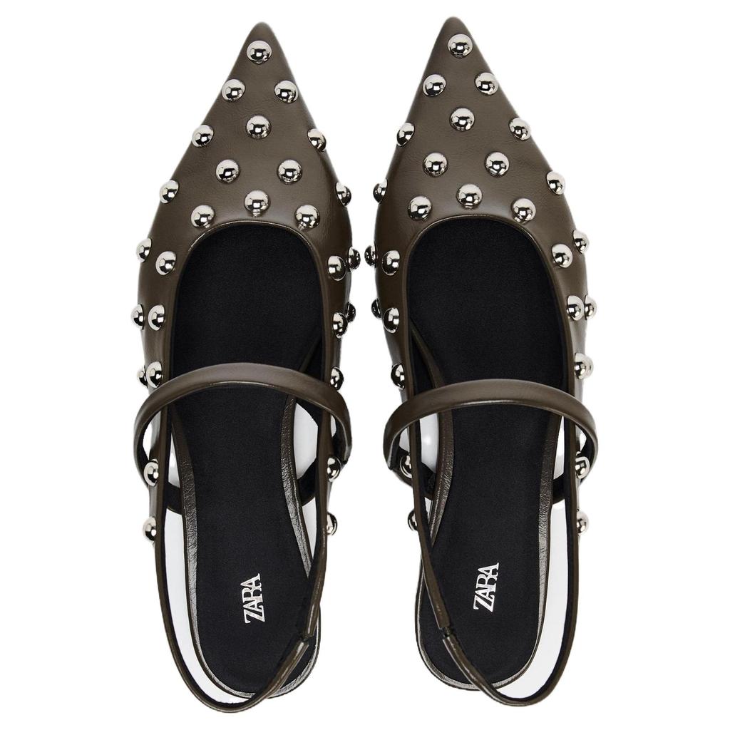 Zara Fashionable Metal Rivet Pointed Flat Backless Casual Shoes Women Flats Gray Brown 13584510-38