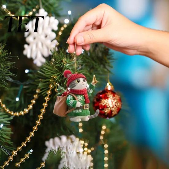 Cute Animal Tree Ornaments Kitten Christmas Hanging with Lanyards, Wooden Cat Pendants for Pendants, Decorative Charms Holiday Home Party Wall