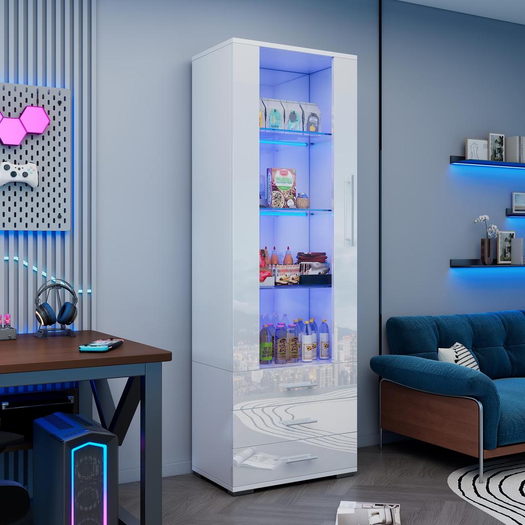 Vitrinenschrank 160cm, Glasvitrine LED-Beleuchtung Schwarz Hochglanz, Moderne Highboard Kommode viel Stauraum Wohnzimmer Küche Büro