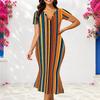 Women Plus Size V Neck Short Sleeve Plaid Printed Fitted Fishtail Midi Dress