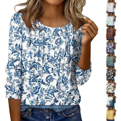 Женский топ с круглым вырезом, декоративными пуговицами и полосками, повседневная футболка однотонного цвета с рукавом 3/4