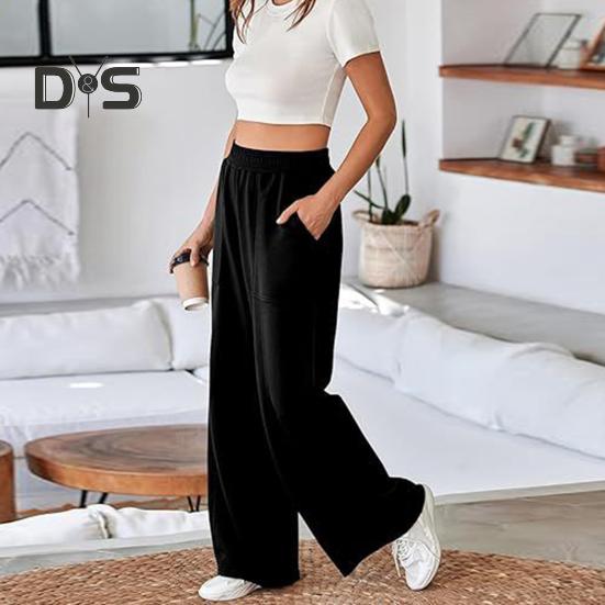 Женские брюки, эластичные, с высокой талией, прямые, широкие, длинные брюки, однотонные, свободного кроя, длинные брюки с карманами, повседневная одежда