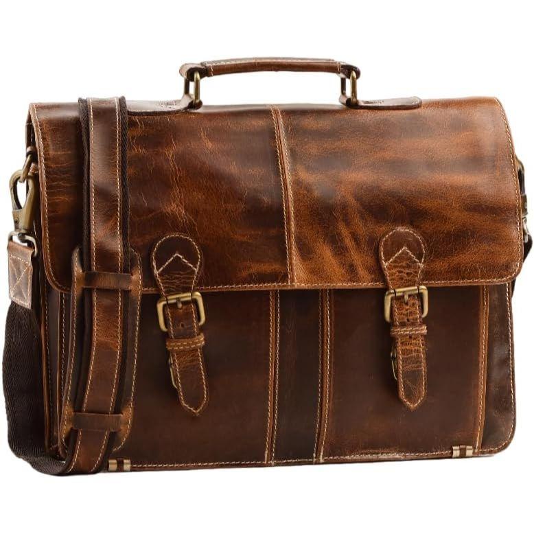 16 Inch Medium Buffalo Leather Briefcase Messenger Bag, Business Office Laptop Satchel Shoulder Bags For Men and Women