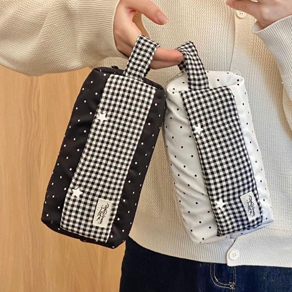 Makeup Bag Plaid Cloth Pencil Case Large Capacity Pen Storage Bag Handheld Pencil Bag Children