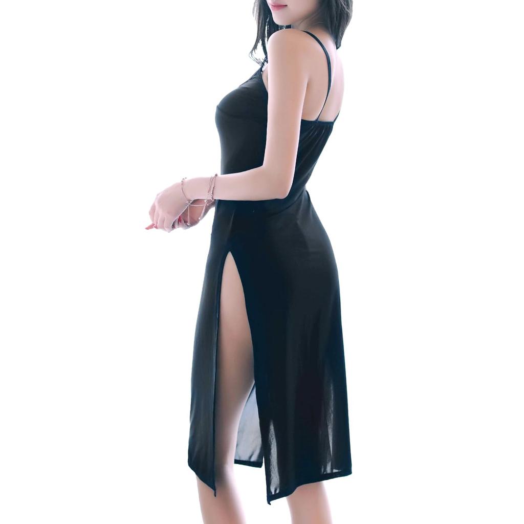 Sexy Babydoll Long Lingerie Dress Slip Sheer Lingerie Seductive Side Slit Beautiful Line [Synlala] See-through Semi-Long Semi-Long S-shaped