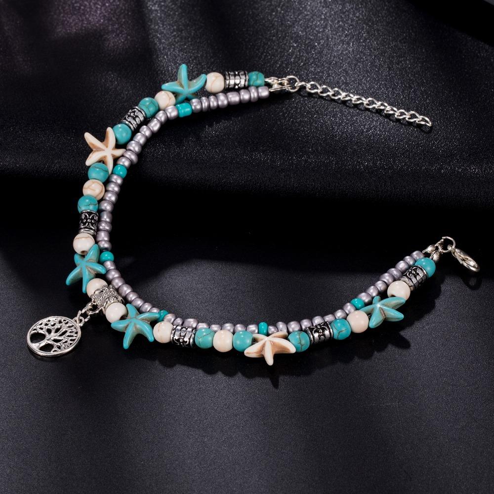 Bohemian Wind Beach Anklet Rice Bead Beaded Versatile Double-layer Versatile Turquoise Love Foot Decoration Women