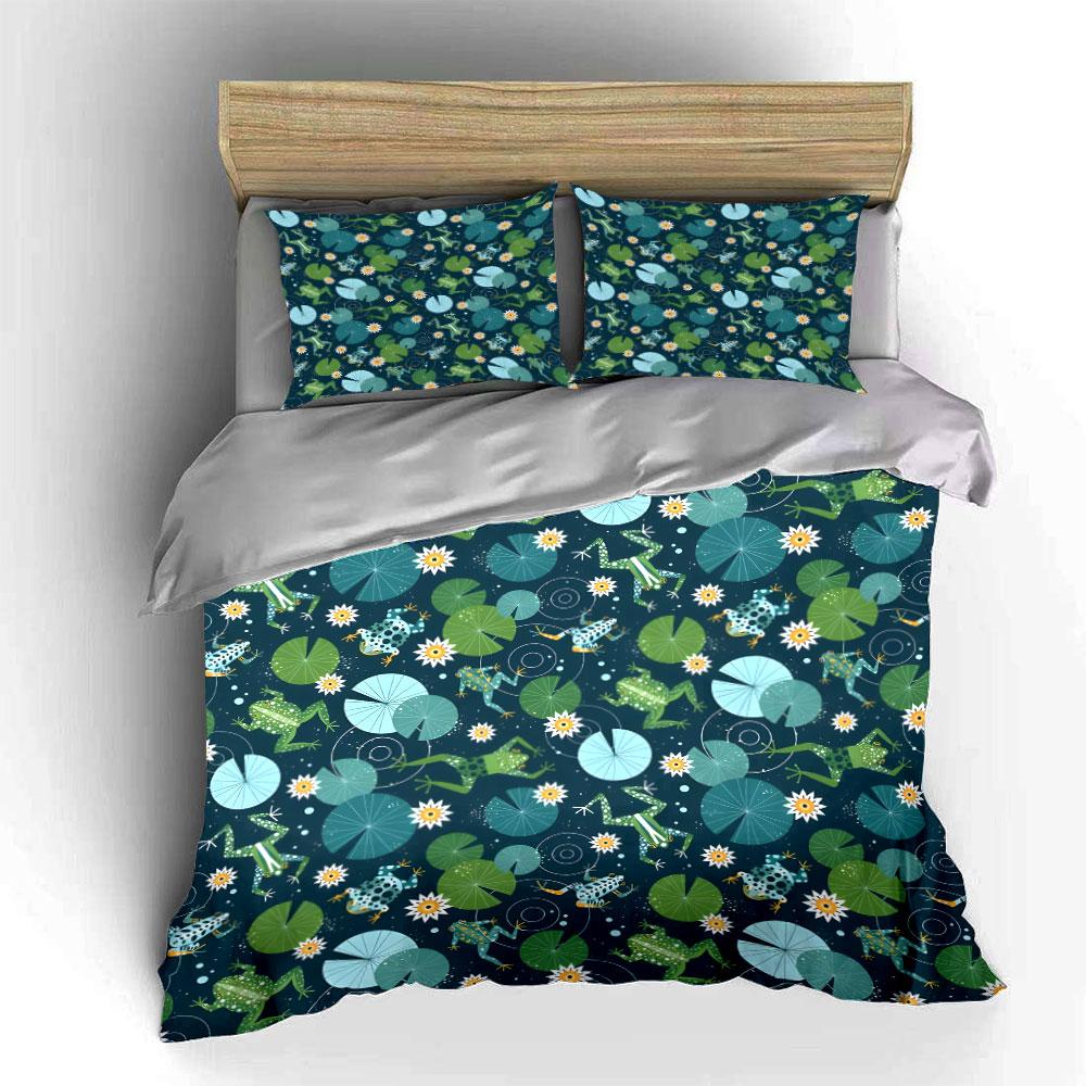 Frogs and Lily Pads Pattern Bedding Duvet Cover Set (1*Duvet Cover 2*Pillowcases, without duvet insert)