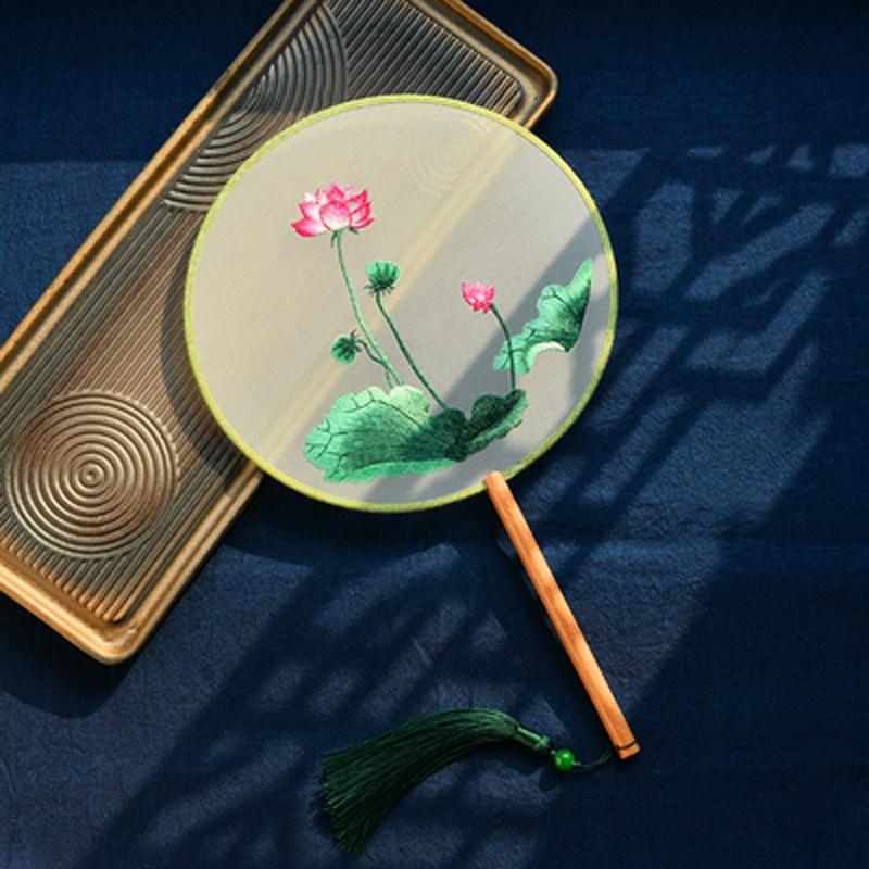 Circular Round Hand Fan, Chinese Traditional Art Embroidery, Classical, Ancient Costume, Han Fu Cheongsam with Long Handle