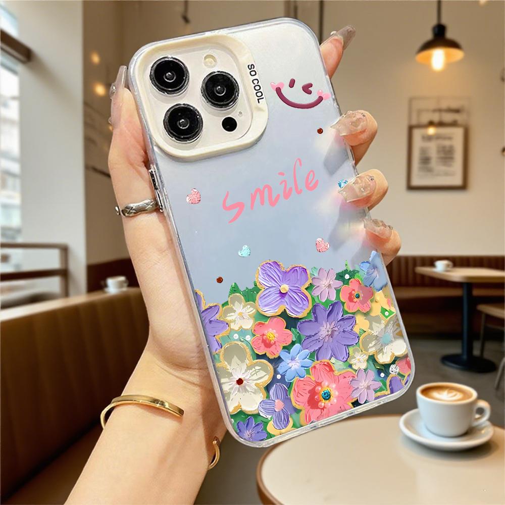 Чехол-бампер «Улыбка с разноцветными цветами» для iPhone 16 15 14 13 12 11 Pro Max Mini, противоударный, защита от царапин