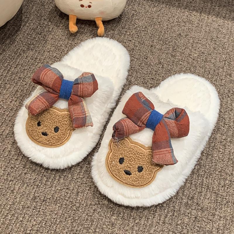 Шикарные детские тапочки для девочек с милым медвежонком и бантом, детская зимняя обувь, мягкая подошва, пушистая, модные, милые, хлопковые тапочки для малышей