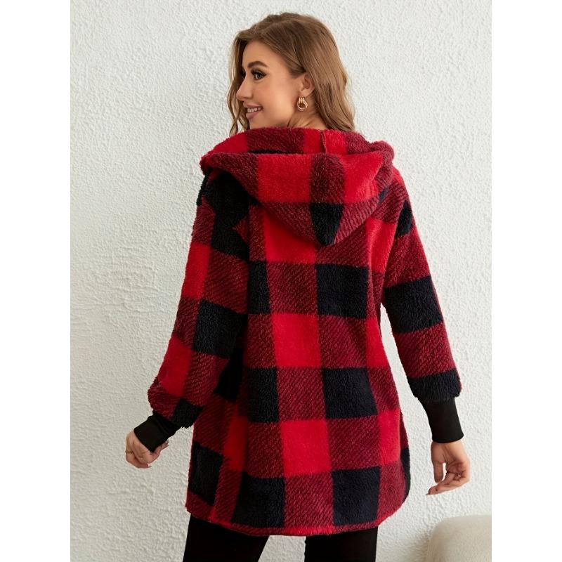 Клетчатый принт с открытым передом, пушистое пальто, повседневное пальто с длинным рукавом и капюшоном для осени и зимы, женская одежда