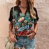 Retro Print Women's T Shirt Classic Floral Tees For Ladies Summer V-Neck Short Sleeve Tops Female Oversized Clothes Daily Blouse