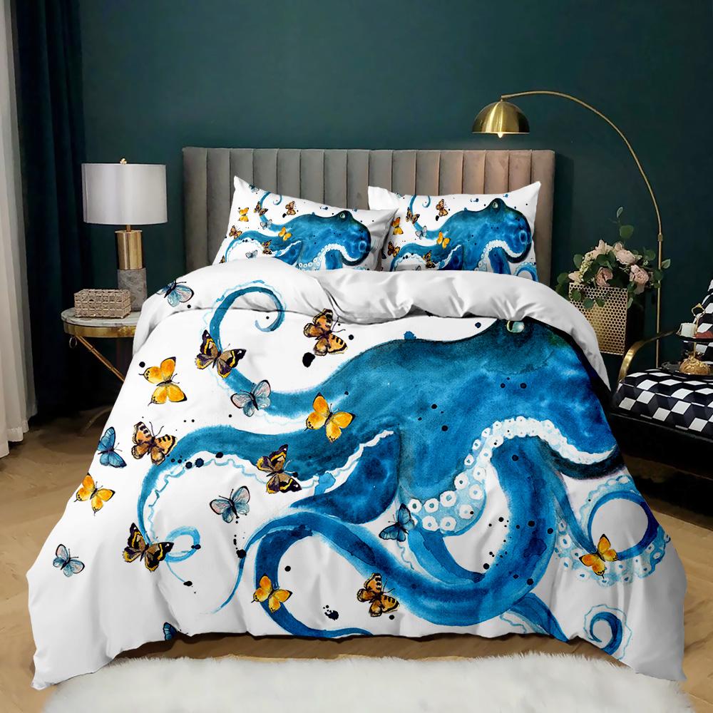 Cartoon Octopus Duvet Cover Set King Queen Size Sea Animal Bedding Set Red Blue 3D Print Microfiber Polyester Comforter Cover