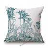 Toile De Jouy Jungle Animals Tiger Giraffe Tiger Crane Birds Navy Blue Greenish Pattern Decorative Pillow Case Car Cushion Cover