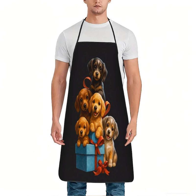 1pc Adorable Puppy and Gift Box Print Apron - Adjustable Waistband, Durable and Easy to Clean, Suitable for Kitchen Cooking, Garden Harvesting, Christ