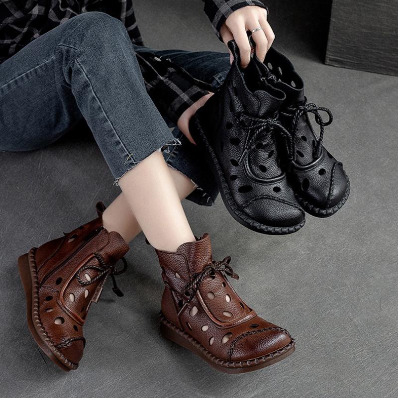 Johnature Women Shoes Summer Sandals Genuine Leather Round Toe Lace-up Handmade Retro Breathable Hollow-out Boots