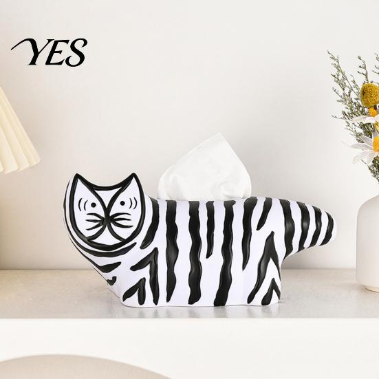 Tissue Box with Storage Box, Striped Cat Shape Dispenser, Ample Interior Living Room Space Vinyl Case, Compact Decorative Durable Paper Holder for Car