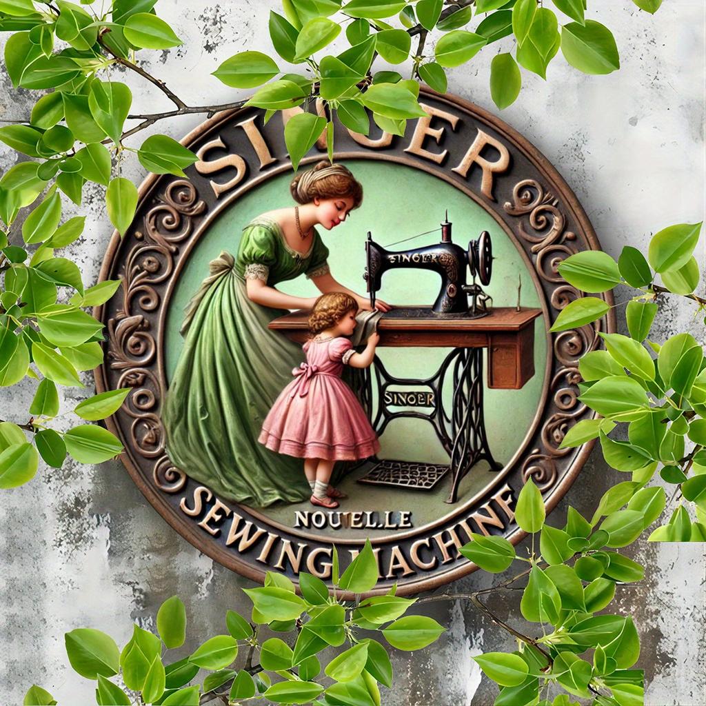 Vintage-7.8 Inch Wood Singer Sewing Machine Sign Plaque - Distinctive Iron Wall Decoration with Retro Aesthetic, Simple and Stylish Toilet Door Hangin
