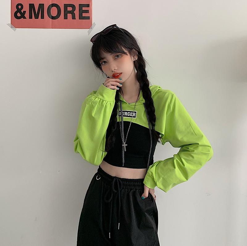 High Waist Shirt Hoodies Women's Hooded Loose Short Cropped Long-sleeved Jazz Blouse Thin Hooded Clothing