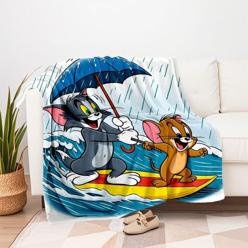 Tom Jerry Surfing in the Rain Poster PrintBlanket Flannel Throw Blanket for Sofa, Bed, Travel, Camping, Office
