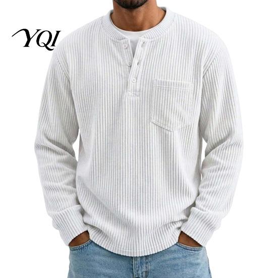 Easy Care Machine Washable Shirt Men Corduroy Pullover Shirt, Long Sleeve Button Collar with Chest Pocket, Mens Loose Fit Ribbed Textured Sweatshirt