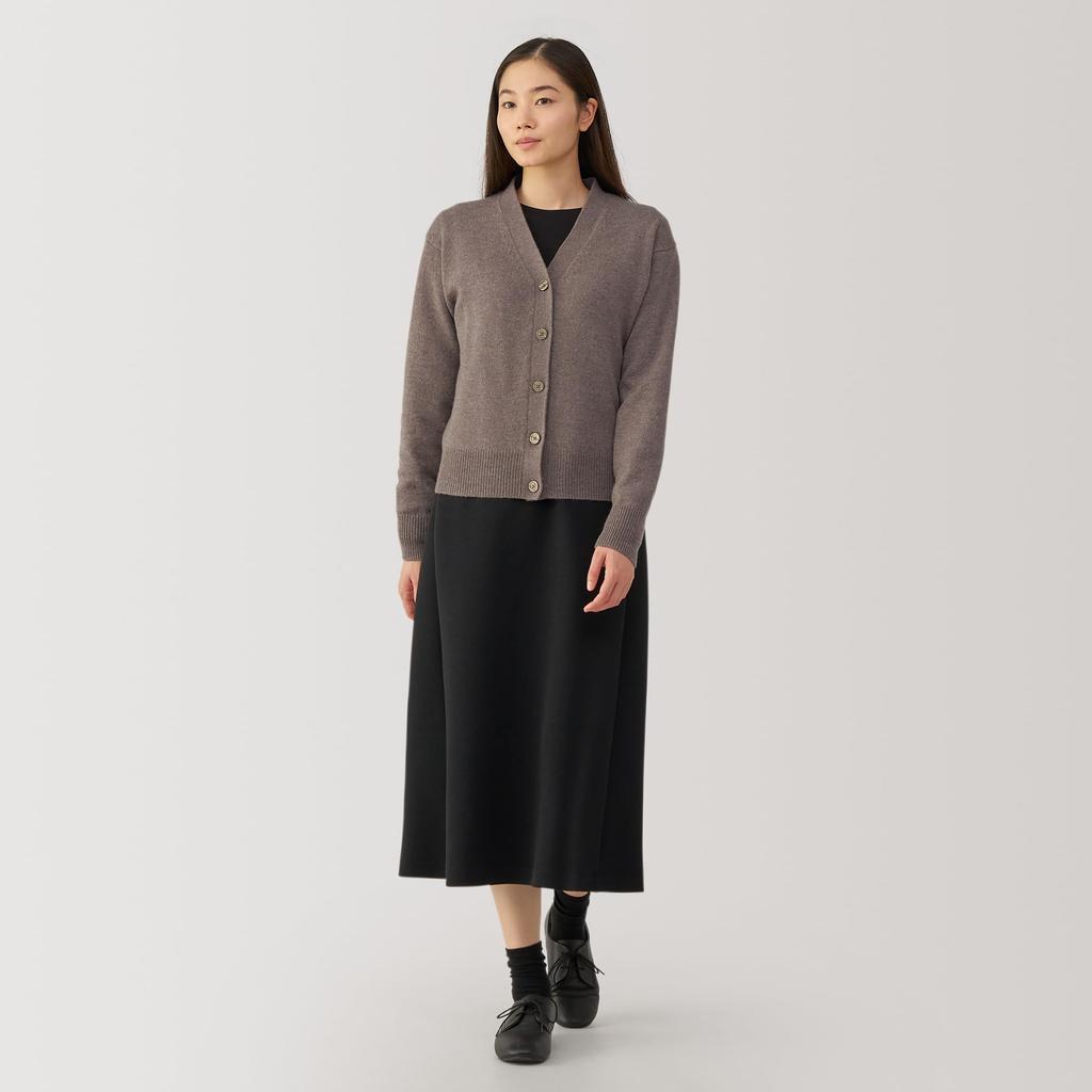 MUJI Washable Wool Dark Mocha Size BA1P5A4A Women's Mid-Gauge V-Neck Cardigan, Brown, XL,