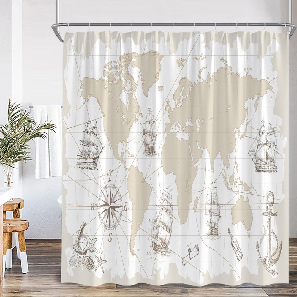 Морская Занавеска для Душа Карта Приключений Морская Жизнь Маяк Темно-Синий Декор для Ванной Комнаты Детская Полиэстеровая Занавеска для Ванной с Крючками