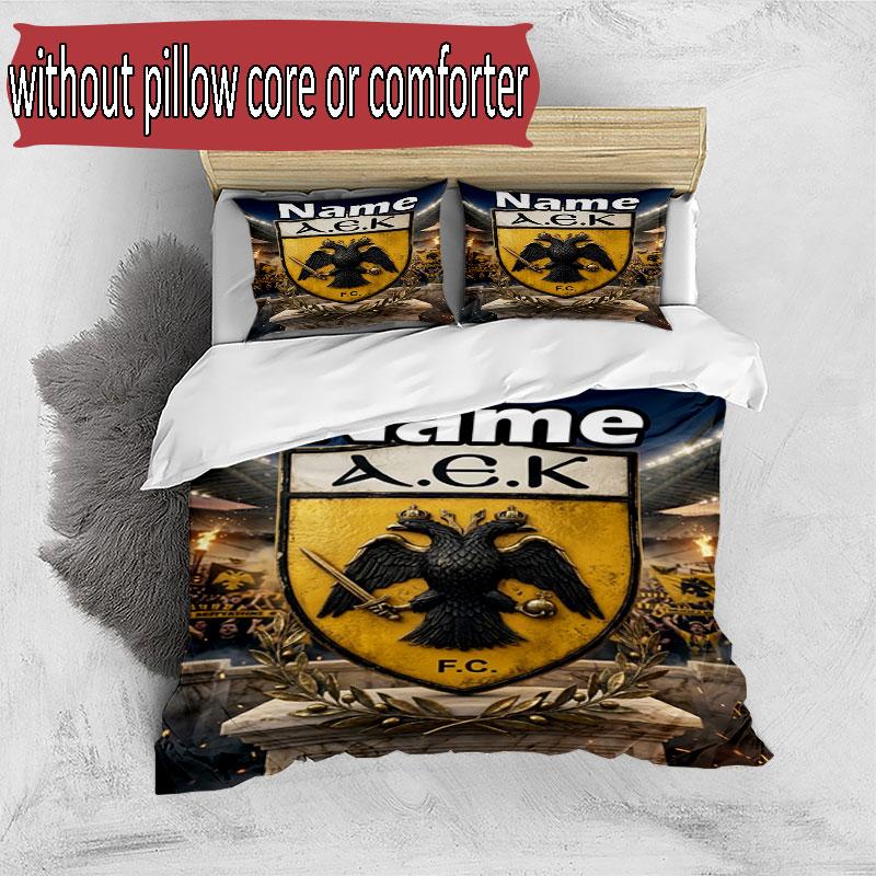 3pcs Duvet Cover Set (1*Duvet Cover + 2*Pillowcase, Without Core), Custom Name AEK Athens FC Pattern Bedding Set, Home Bedroom Decor Gift