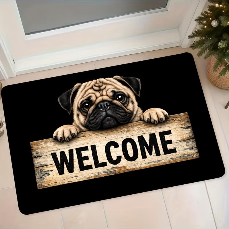 1pc Flannel Mat Pug Dog Welcome Sign Pattern Entrance Door Mat Non-Slip Water-Absorbing Foyer Door Decor Pet-Themed Floor Mat