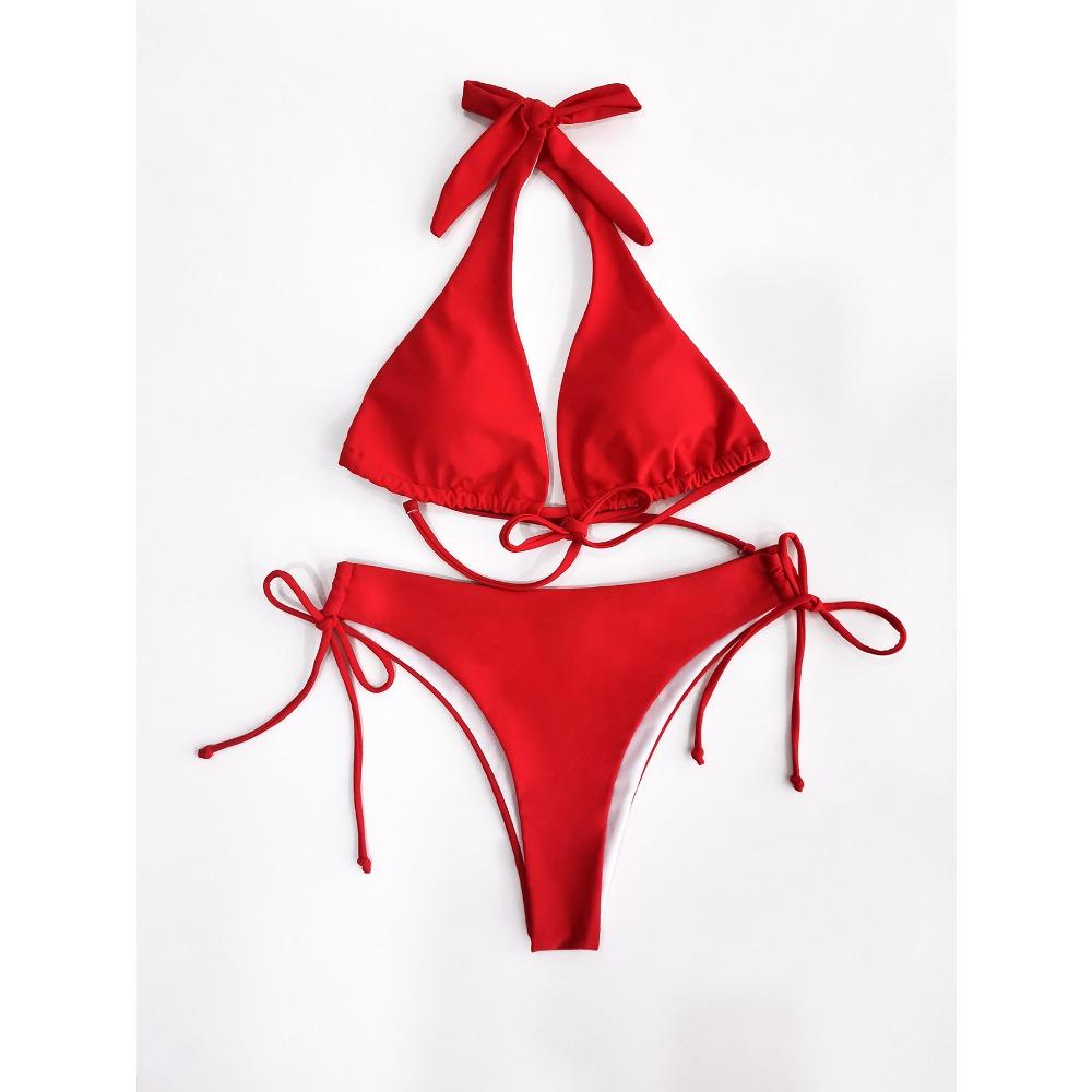 Strap-on Bikini Euro-American Sexy Solid Color Swimsuit Beach Vacation Bikini
