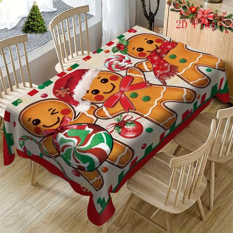 2D Flat 1pc- Polyester Tablecloth with Three Gingerbread for Man Patterns, Christmas-themed Tablecloth, Holiday Decorations for Home and Events, Adds