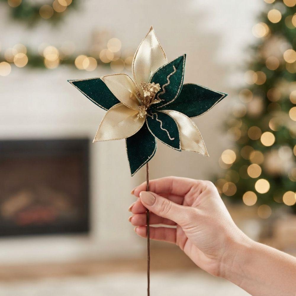 Velvet Texture Artificial Christmas Flower Glitter Edge Xmas Floral Decor Tabletop Display