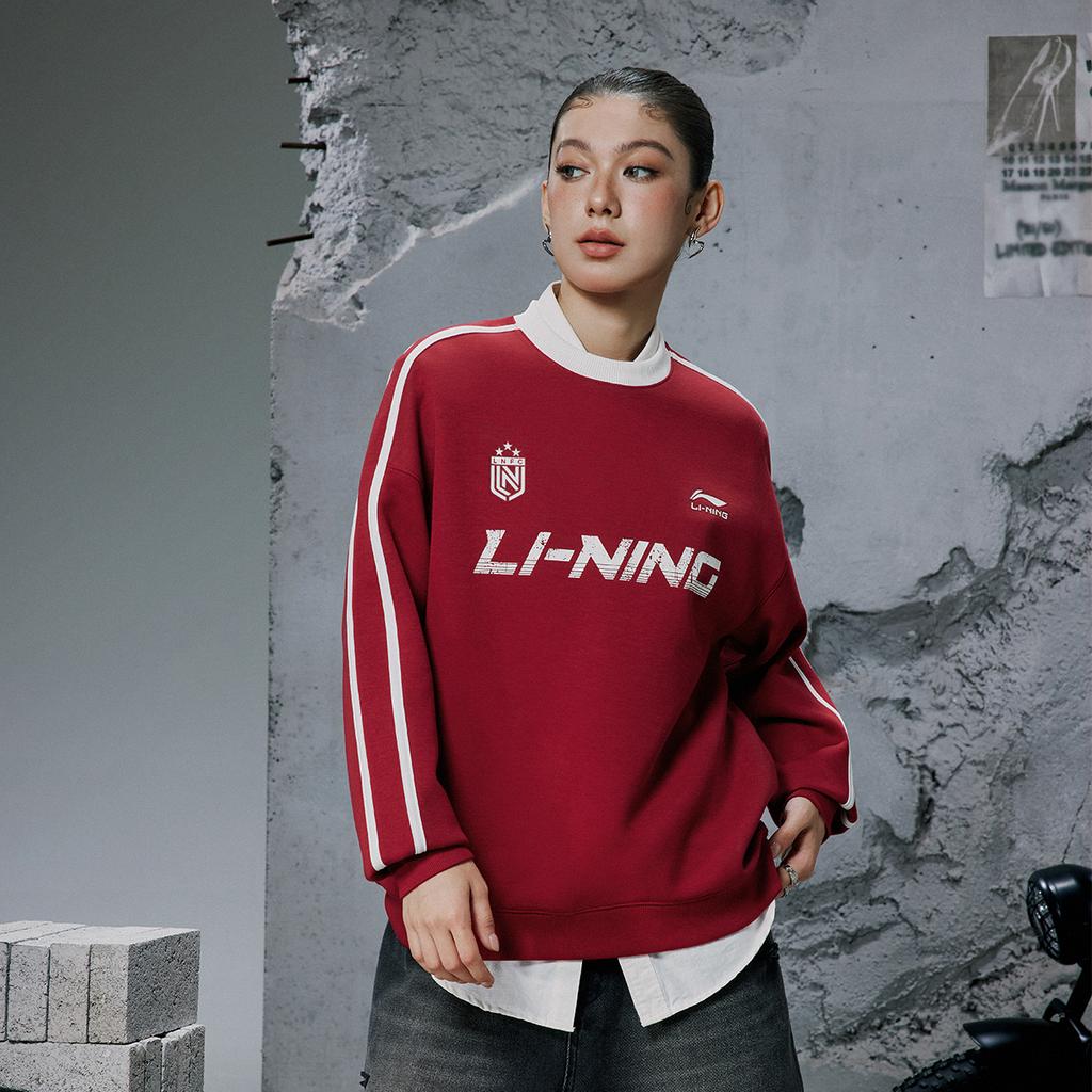 Li-Ning Серия Спортивный Стиль Круглый Вырез Свободный Ретро Цветной Блок Полоска с Буквами Универсальная Толстовка Унисекс толстовка Насыщенно-Бордовый AWDVF87-6