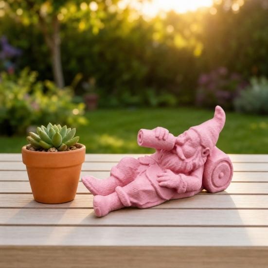 3D Printed Drunken Gnome Figurine, Lying Drinking Dwarf Statue, Matte Pink Decor Ornament with Clear Texture, Stable Base for Garden Flower Pot Desk
