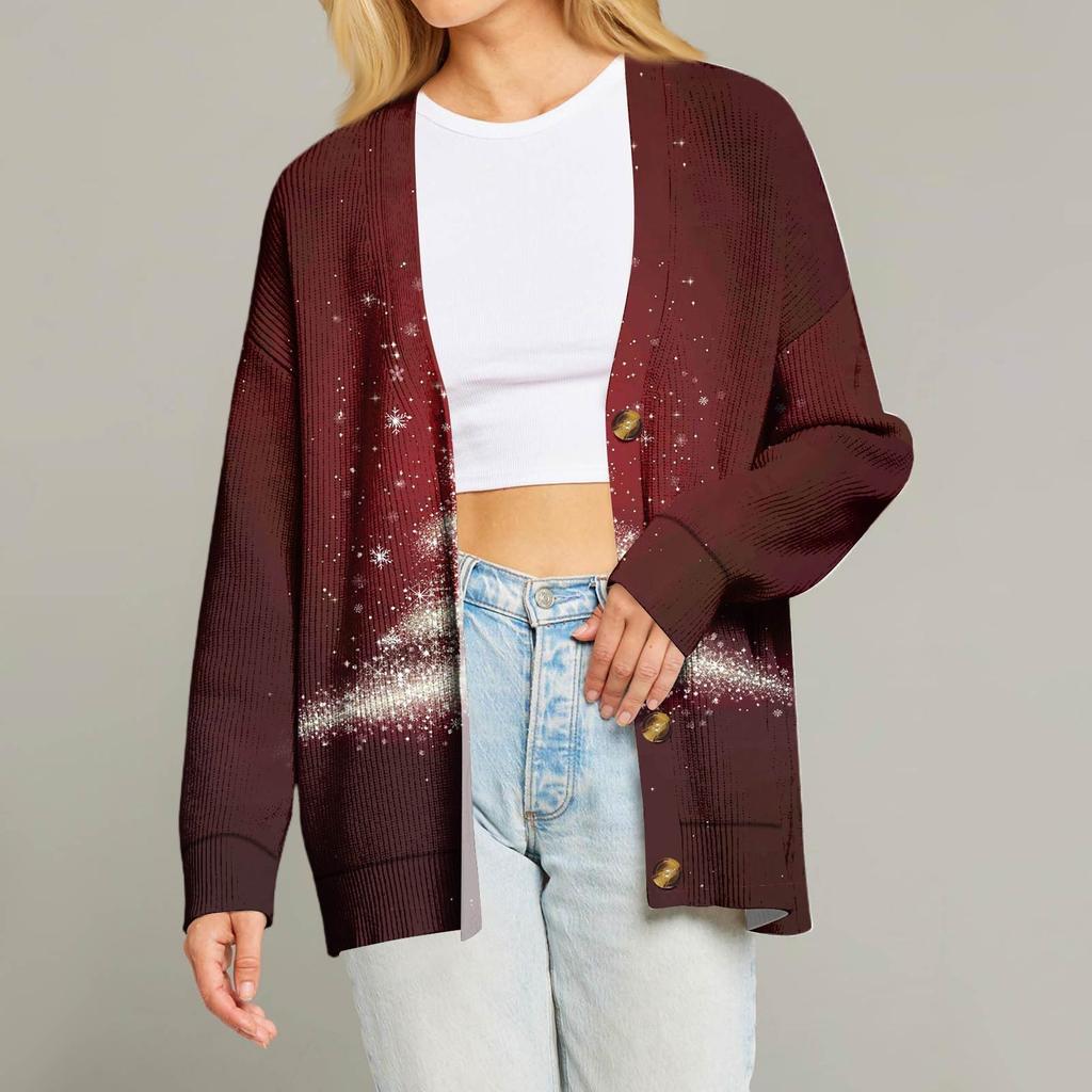 Women's Fashion Long Sleeve Christmas Print V-Neck Button Loose Cardigan Top