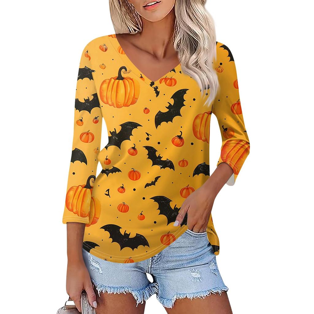 Shirt For Women's Fashion Casual V Neck 3/4 Sleeve Loose Halloween Printed T-Shirt Ladies Top