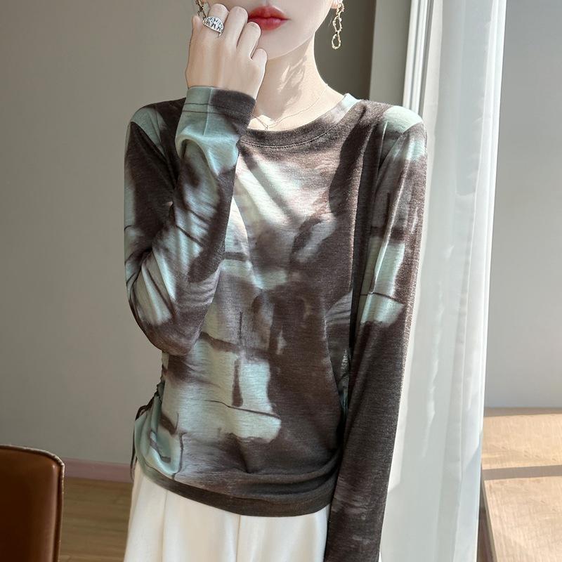 Women S Long Sleeve Tie Dye Print Knit T Shirt Inner Wear
