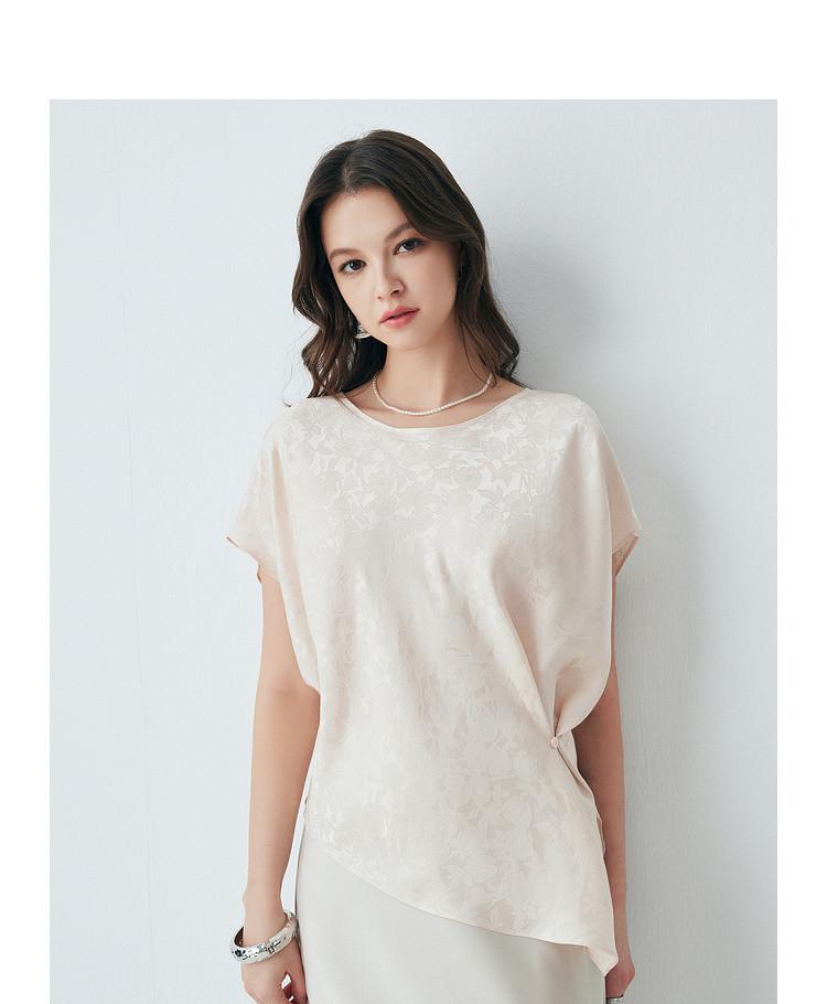 100% Mulberry Silk Summer Round Neck Dark Pattern Jacquard Elegant Light Luxury Style Slimming Silk T-shirt for Women
