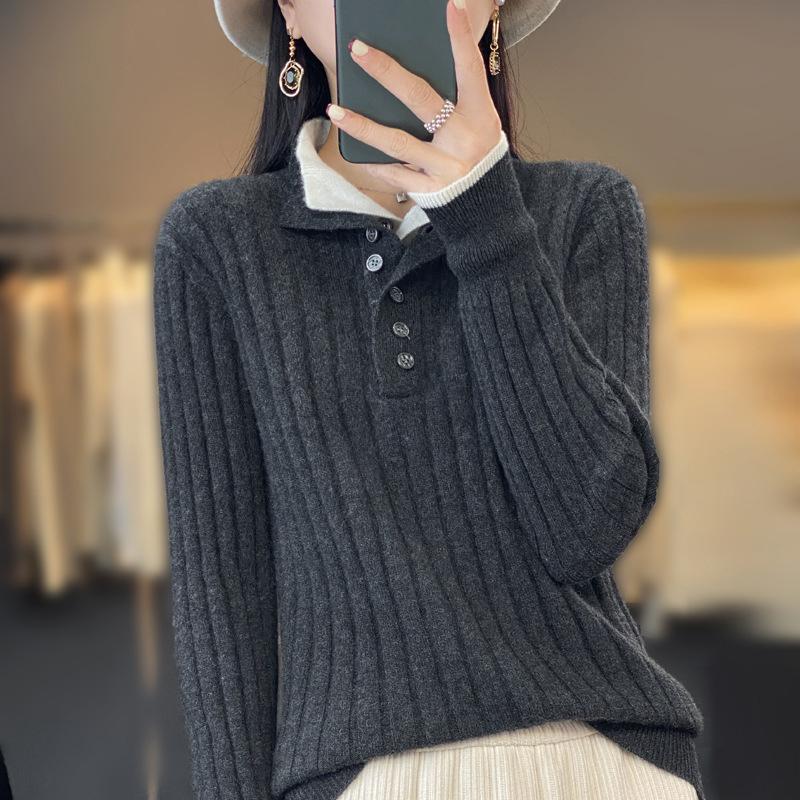 Women Autumn Winter Casual Turn Down Collar Pullover Cashmere Sweater Wool Knitwear Clothing