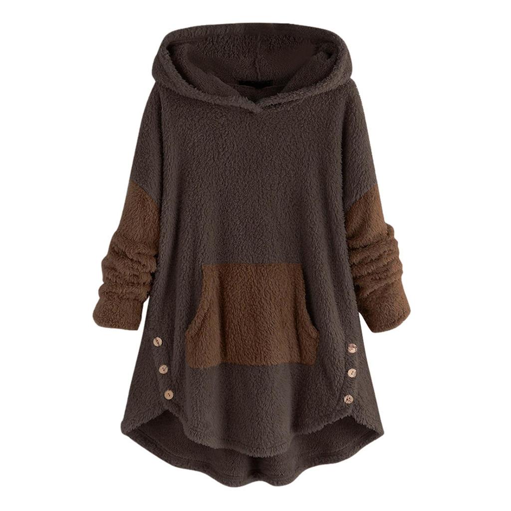 Women Fleece Asymmetrical Button Hem Plus Size Hoodie Top Sweater Blouse