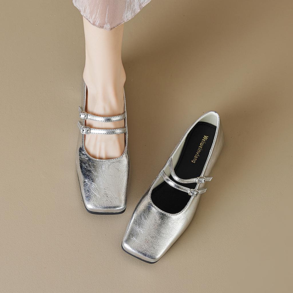 Weiwei girl 8393-1 квадратная головка одиночные туфли женские на плоской подошве французские однословные поясные туфли Мэри Джейн корейская версия мягкая подошва женские туфли