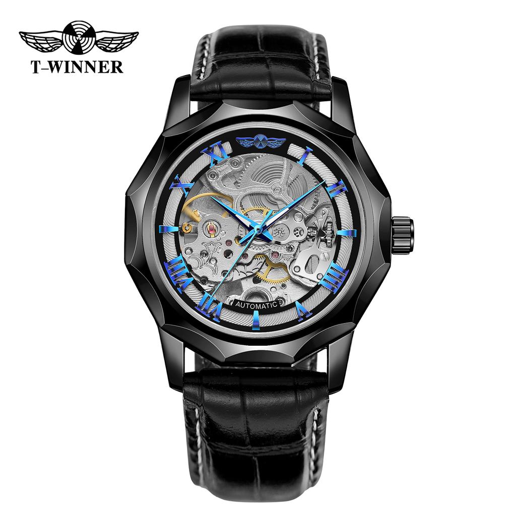 WINNER Skeleton Mechanical Men Watch Top Brand Luxury Self-wind Automatic Wristwatch Classic Design Facetted Case Guilloche Dial