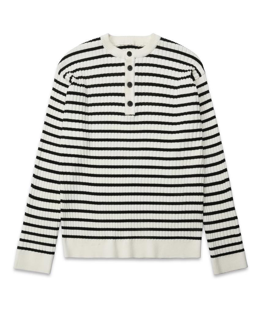 DOFFJASON Striped Henley Neck Knit Ivory