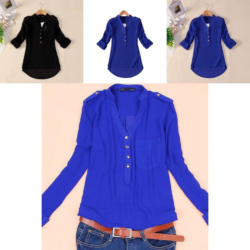 V Neck Chiffon Blouse With Large Pockets Loose Fit Long Sleeve Shirt For Women