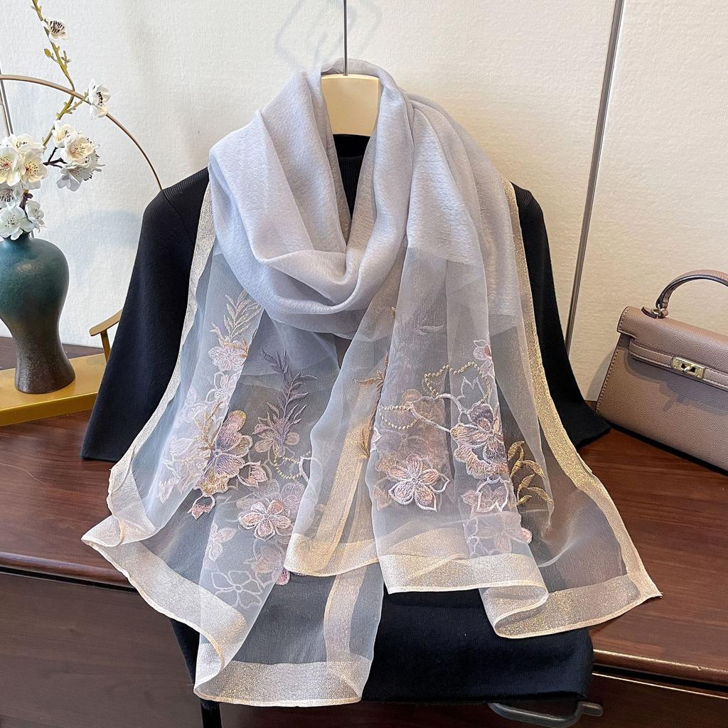 Новый весенне-летний вышитый шелковый шарф, высококачественная шелковая смесь, тонкий теплый подарок, подарок для матери, вышитый шарф, газовая шаль